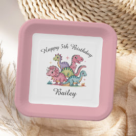 Plato De Papel Cumpleaños de los Chicas rosados Dinosaurios