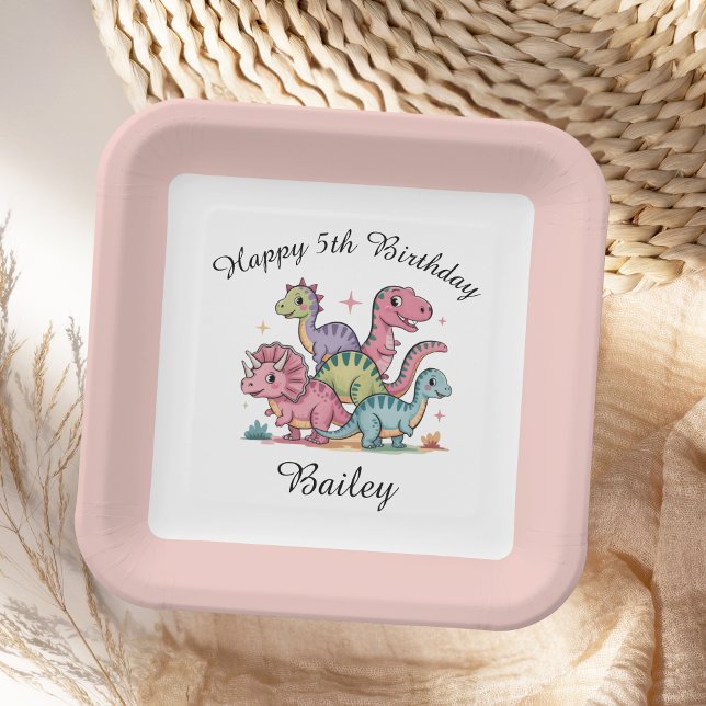 Plato De Papel Cumpleaños de los Chicas rosados Dinosaurios (Subido por el creador)