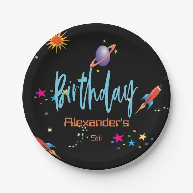 Plato De Papel Cumpleaños de los Cohetes Espaciales (Anverso)