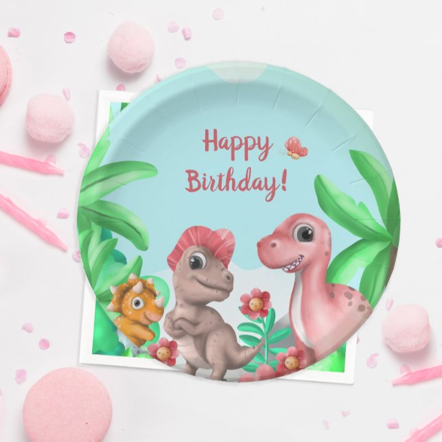 Plato De Papel Cumpleaños de los Dinosaurios chicas (Girl's Dinosaur Birthday Party Plate)