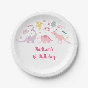 Plato De Papel Cumpleaños de los Dinosaurios del Boho Rosado