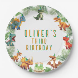 Plato De Papel Cumpleaños de los dinosaurios, t-rex acuarela, pla