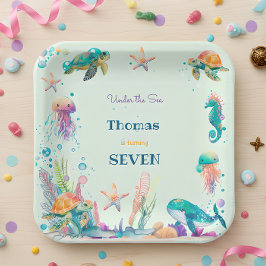 Plato De Papel Cumpleaños de los niños de la acuarela Under Sea