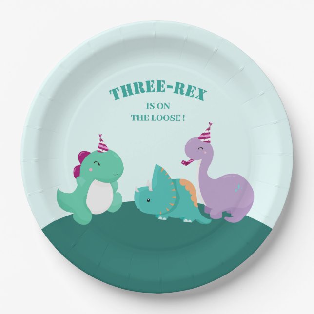 Plato De Papel Cumpleaños de los Tres Dinosaurios (Anverso)