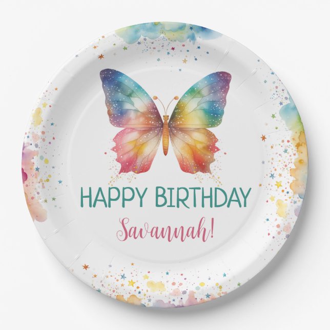 Plato De Papel Cumpleaños de Mariposa Arcoíris (Anverso)