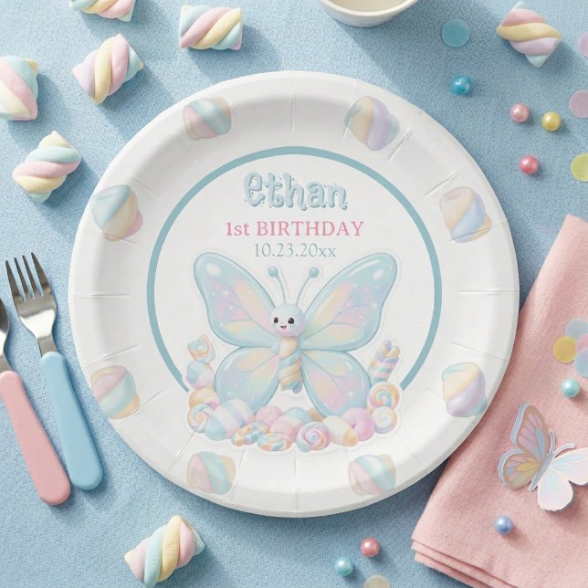 Plato De Papel Cumpleaños de Mariposa de Algodón de Azúcar Azul (Blue Butterfly Birthday Paper Plate)