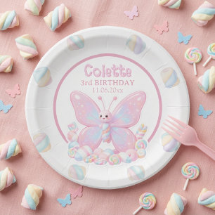 Plato De Papel Cumpleaños de Mariposa de Fresa Rosa