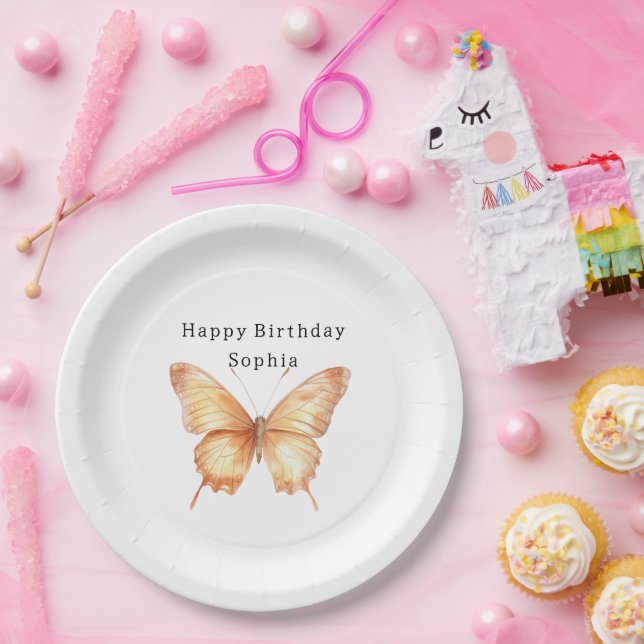 Plato De Papel Cumpleaños de Mariposa de Melocotón (Fiesta)