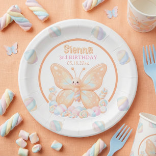 Plato De Papel Cumpleaños de Mariposa de Sorbete de Melocotón