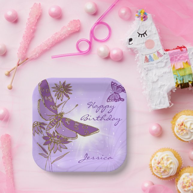 Plato De Papel Cumpleaños de Mariposa Morada (Fiesta)