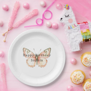 Plato De Papel Cumpleaños de Mariposa Rosa de Niña