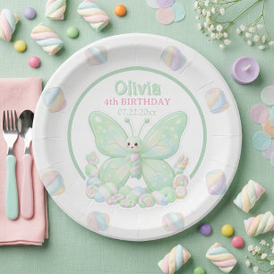 Plato De Papel Cumpleaños de Mariposa Verde Menta