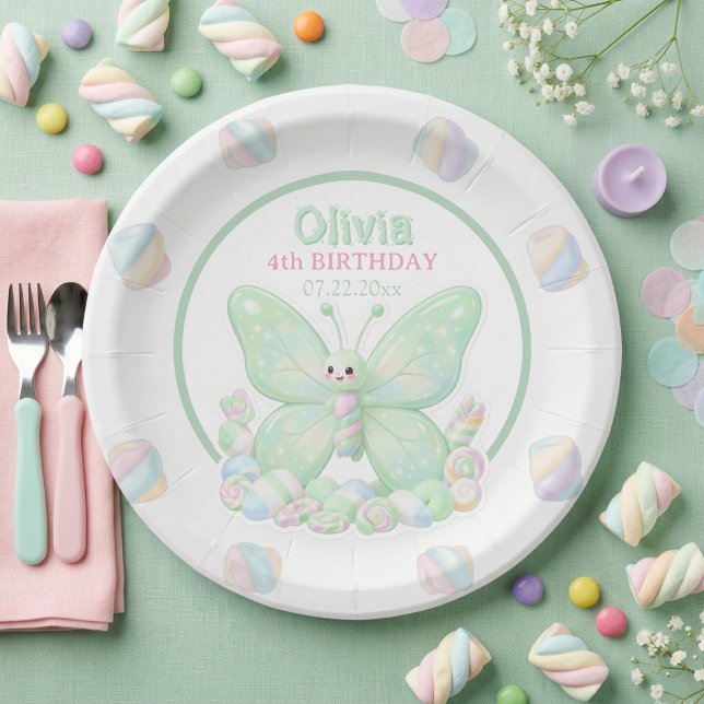 Plato De Papel Cumpleaños de Mariposa Verde Menta (Mint Green Butterfly Birthday Paper Plate)
