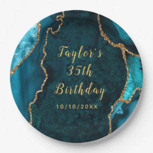 Plato De Papel Cumpleaños de Mármol de Ágata Teal y Dorado