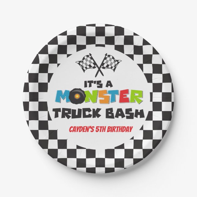 Plato De Papel Cumpleaños de monstruos de camiones monstruo (Anverso)
