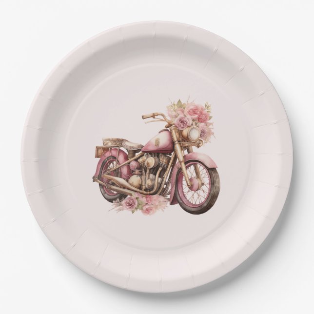 Plato De Papel Cumpleaños de motocicleta floral rosa (Anverso)