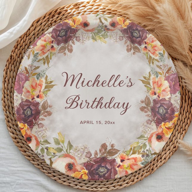 Plato De Papel Cumpleaños de mujer con flores naranjas oxidadas d (Burnt orange, rust, and burgundy watercolor floral birthday party paper plates)