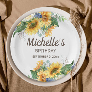 Plato De Papel Cumpleaños de mujer con nombre y fecha de girasole