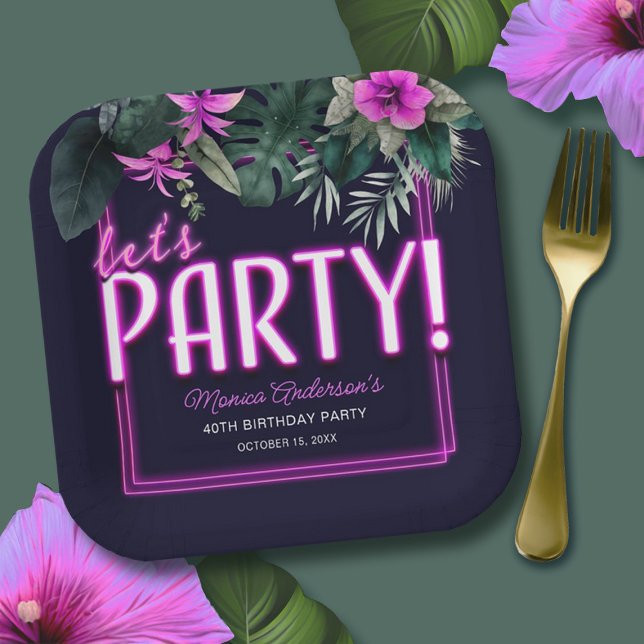 Plato De Papel Cumpleaños de Neón Rosado Fiesta (Let's Party Tropical Pink Neon Birthday Paper Plates)