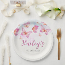 Cumpleaños de niña con mariposa en acuarela elegan