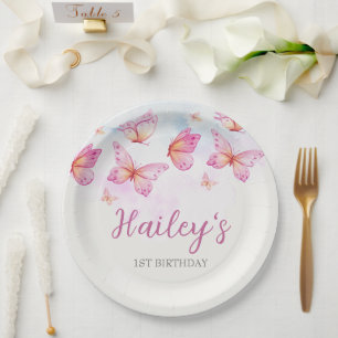 Plato De Papel Cumpleaños de niña con mariposa en acuarela elegan