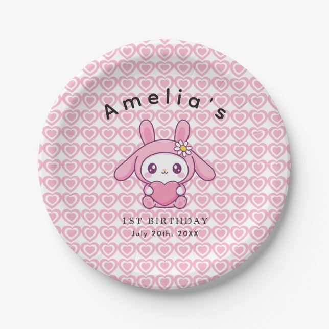 Plato De Papel Cumpleaños de niña conejo chic corazón rosa simple (Anverso)
