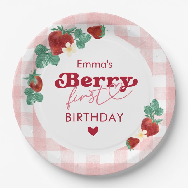 Plato De Papel Cumpleaños de niña de fresa de primer cumpleaños (Anverso)