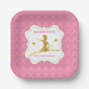 Plato De Papel Cumpleaños de niña de gimnasia en rosa y dorado Gy