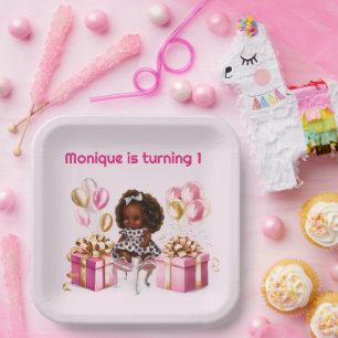 Plato De Papel Cumpleaños de niña de piel morena