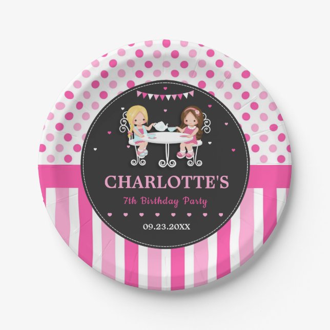Plato De Papel Cumpleaños de niña de té lindo rosa (Anverso)