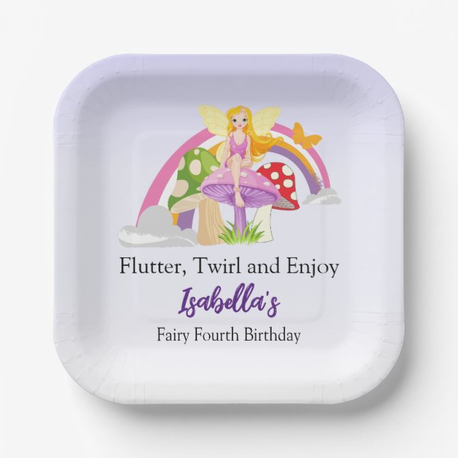 Plato De Papel Cumpleaños de niña hada hongo arcoíris (Anverso)