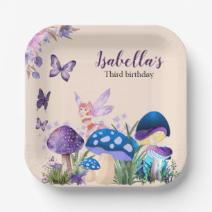 Plato De Papel Cumpleaños de niña hada hongo mariposa púrpura