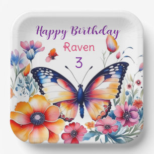 Plato De Papel Cumpleaños de niña Mariposa entre flores