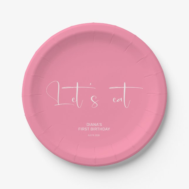 Plato De Papel Cumpleaños de niña rosa 1er año (Anverso)