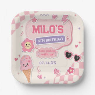 Plato De Papel Cumpleaños de niña rosa retro