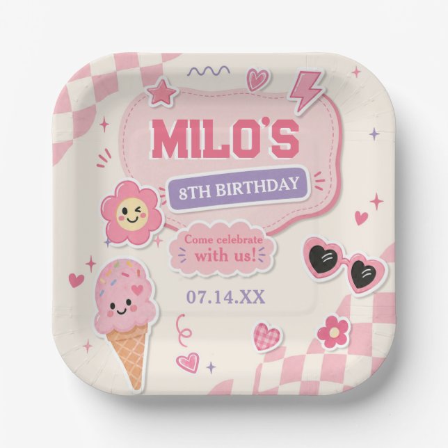 Plato De Papel Cumpleaños de niña rosa retro (Anverso)