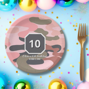 Plato De Papel Cumpleaños de niña rosa verde camuflaje personaliz