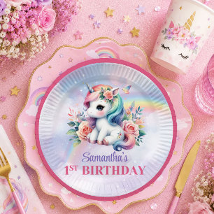 Plato De Papel Cumpleaños de niña unicornio rosa púrpura Pretty P