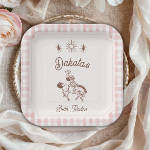 Plato De Papel Cumpleaños de niña vaquera vintage con gingham ros