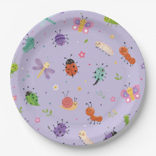 Plato De Papel Cumpleaños de niñas con insectos lindos púrpura