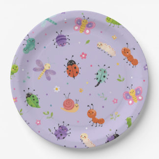 Plato De Papel Cumpleaños de niñas con insectos lindos púrpura