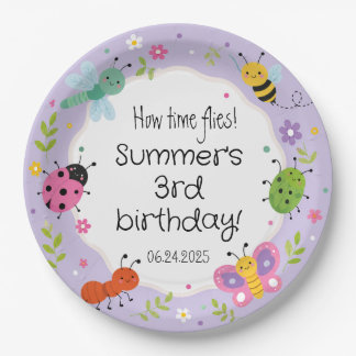 Plato De Papel Cumpleaños de niñas con insectos lindos púrpura