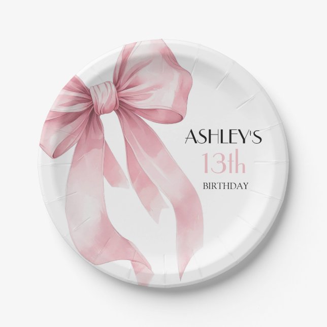 Plato De Papel Cumpleaños de niñas con lazo rosa (Anverso)