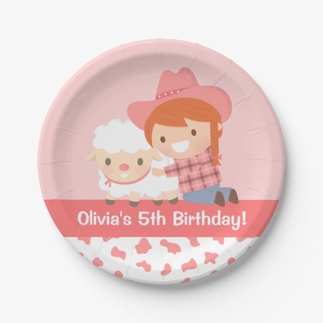Plato De Papel Cumpleaños de niñas con vaquera adorable que abraz (Anverso)