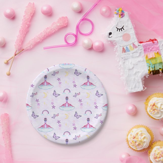 Plato De Papel Cumpleaños de niñas rosadas dinosaurio lindo (Fiesta)