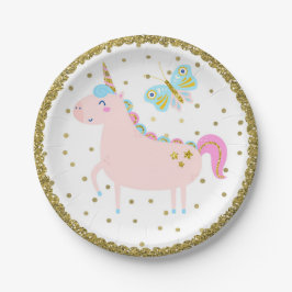 Plato De Papel Cumpleaños de Niñas Unicornio con Brillo Rosa y Do