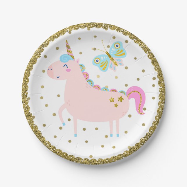 Plato De Papel Cumpleaños de Niñas Unicornio con Brillo Rosa y Do (Anverso)