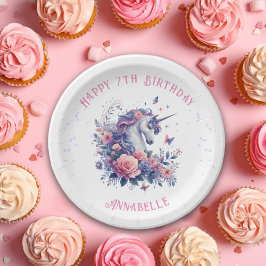 Plato De Papel Cumpleaños de niñas Unicornio Rosa Purpura Mágico