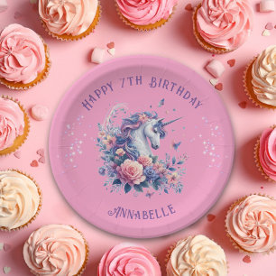 Plato De Papel Cumpleaños de niñas Unicornio Rosa Purpura Mágico