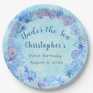 Plato De Papel Cumpleaños de niño azul bonito bajo el mar